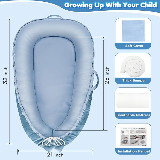 Baby Lounger - Baby Lounger for Newborn 0-24 Months, Breathable & Soft Cotton and Velvet Cover Baby Nest, Portable Cozy Infant Lounger for Home and Travel, Ideal Baby Essentials & Shower Gifts