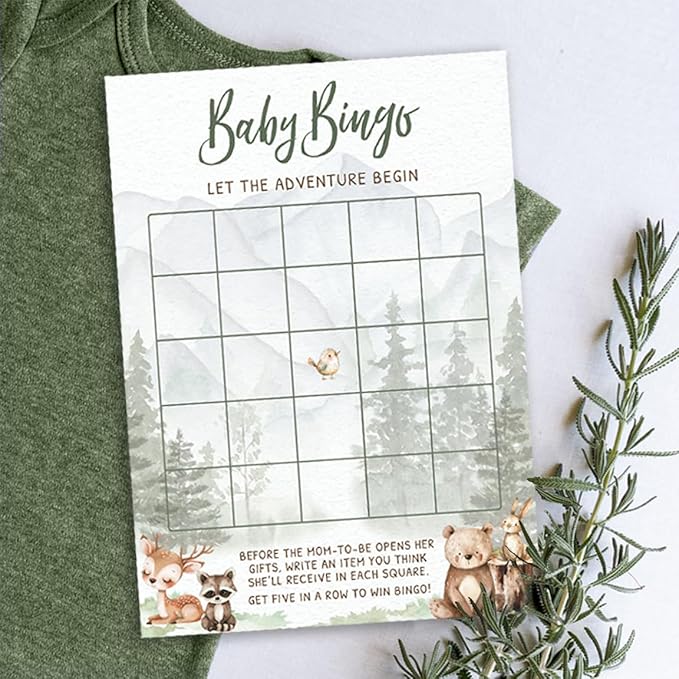 Printed Party Woodland Baby Shower Games for Boy – Set of 4 Games for 30 Guests, Forest Animal Theme, Includes Bingo, Mommy Trivia, Emoji Storybook, and Guess Who