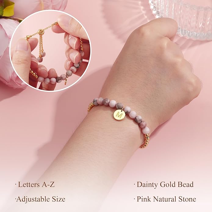 Ritach Initial Bracelets for Girls - Pink Zebra Natural Stone Bracelet Real Gold Plated Beaded Bracelets Adjustable Disc Initial Bracelets for Girls Kids Teen Girl Gifts