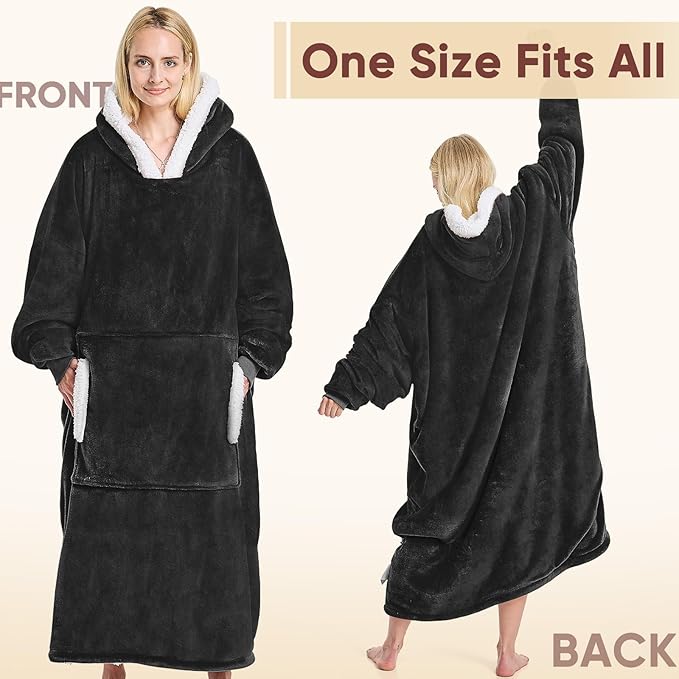 yescool Wearable Blanket Hoodie - birthday gifts for Adults/Women/mom, Flannel Cozy Sherpa Fleece Blanket Sweatshirt with Hood, Pocket & Sleeves, Large, One Size Fits All (Black)