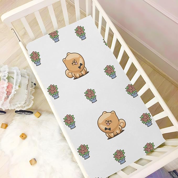 Baby Crib Sheets Kawai Pomeranian Crib Sheets for Boys Girls,Neutral Bassinet Toddler Bed Play Sheets Breathable Soft and Portable 52 * 28 * 9in