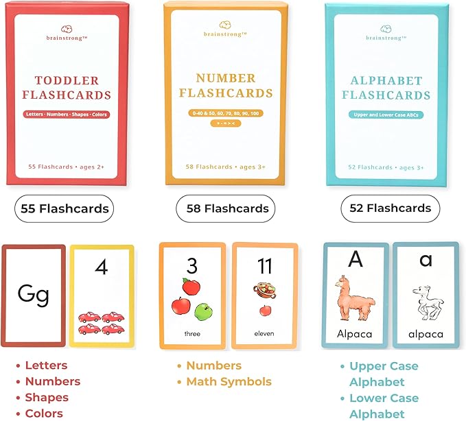 176 Prek Flashcards | Learn to Read and Count | Ages 2-5 | Preschool - Kindergarten | Letter Numbers Shapes Colors | Brainstrong Premium Flash Cards | Preschool Learning Esssentials in Three Decks