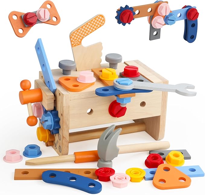 Wooden Kids Tool Set, 38PCS Educational STEM Construction Toys for 3+ Toddler, Wooden Tool Bench Montessori Toy Tool Box for 3 4 5 YO Boys & Girls Birthday Gift (36Pcs)