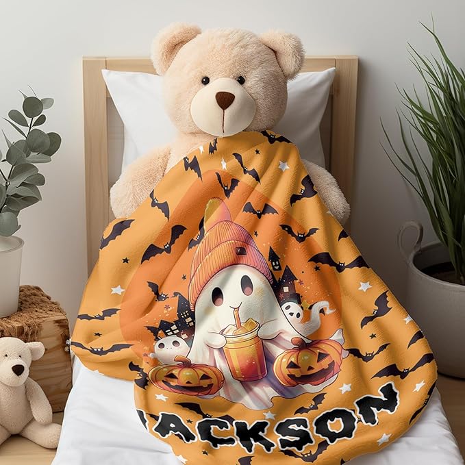 Ship Next Day, Custom Halloween Blanket - Printed in USA, Personalized Baby Blankets with Name, Gift for Kids Boys Girls, Unique Present for Birthday, Christmas, Halloween Bats Toddler Blanket