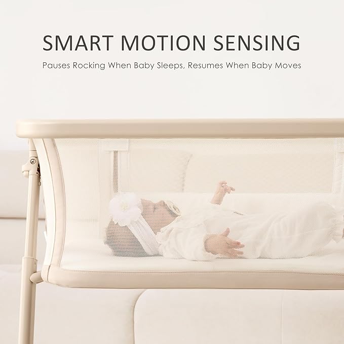 Electric Baby Bassinet Bedside Sleeper with Auto Rocking, Remote/Touch Control, 3 Timer Modes, 12 Sounds, 6 Heights, Storage & Wheels (Beige)