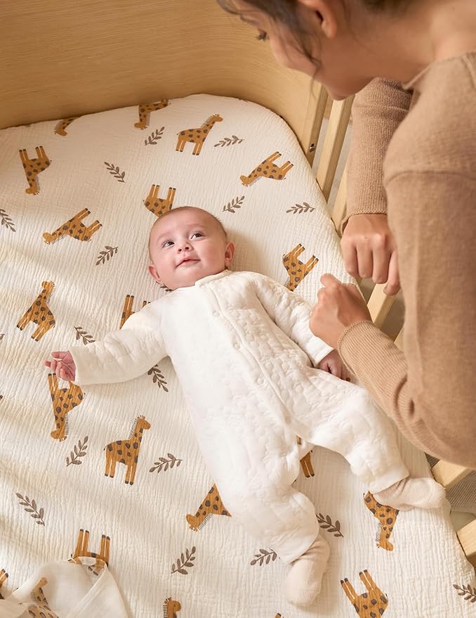 Momcozy Best Wishes Muslin Fitted Mini Crib Sheets, 38''x26'', 2 Pack Soft Breathable Natural Cotton Baby Mattress Sheet, 360° Mattress Wrapping Boys Girls Neutral Toddler Bed Sheet, Bravery Giraffe
