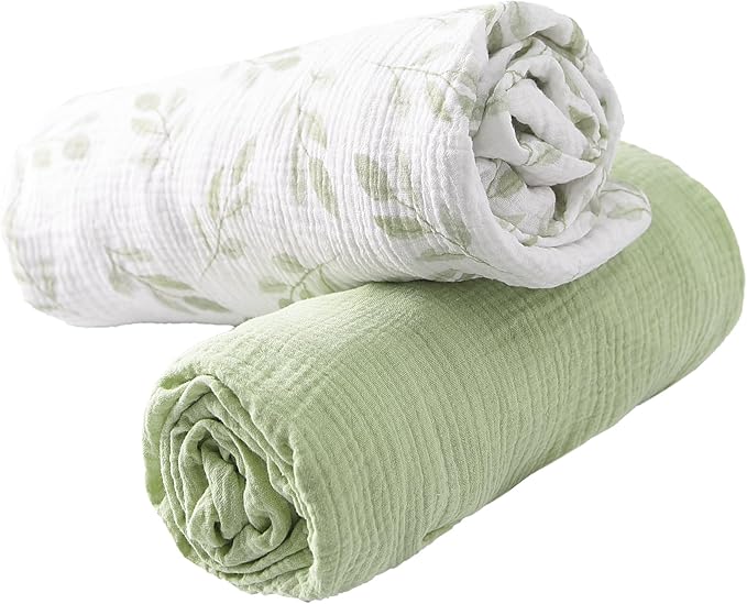 Baby Crib Sheets 2 PCS, 100% Organic Cotton Crib Sheet for Standard Crib Mattress(52”x 28”), Fitted and Soft Breathable Muslin Crib Mattress Sheet for Girl and Boy (Leaves, Green)
