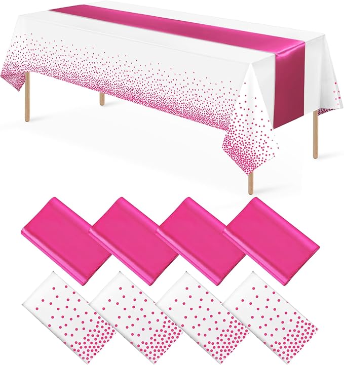MASHAN 8Pack Disposable Plastic Party Tablecloths & Satin Table Runner Set - White Hot Pink Dot - Wedding, Birthday, Baby Shower - 54 x 108 Inch