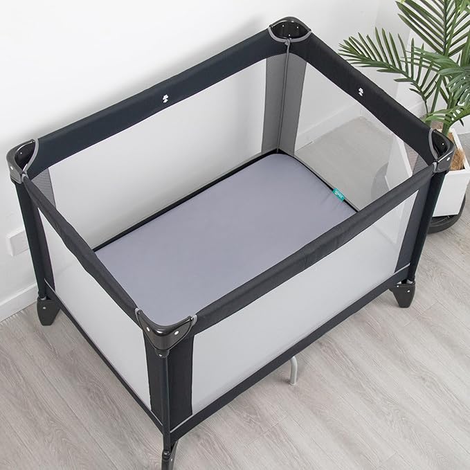 Biloban Pack and Play Sheets Fitted, 2 Pack Pack and Play Sheet Fits for Graco Pack n Play Mattress, Neutral Playard Sheets for Baby Boys and Girl, Grey & Black, 38”X 26”