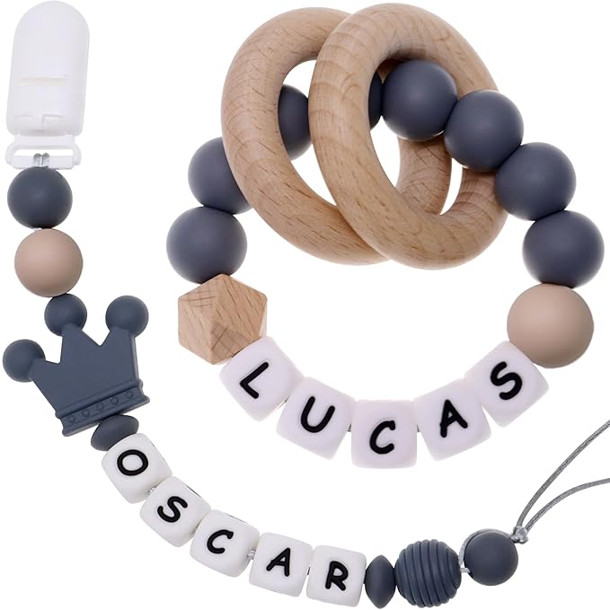 Personalized Pacifier Clip with Name and Customizable Teether Rattle (Grey)