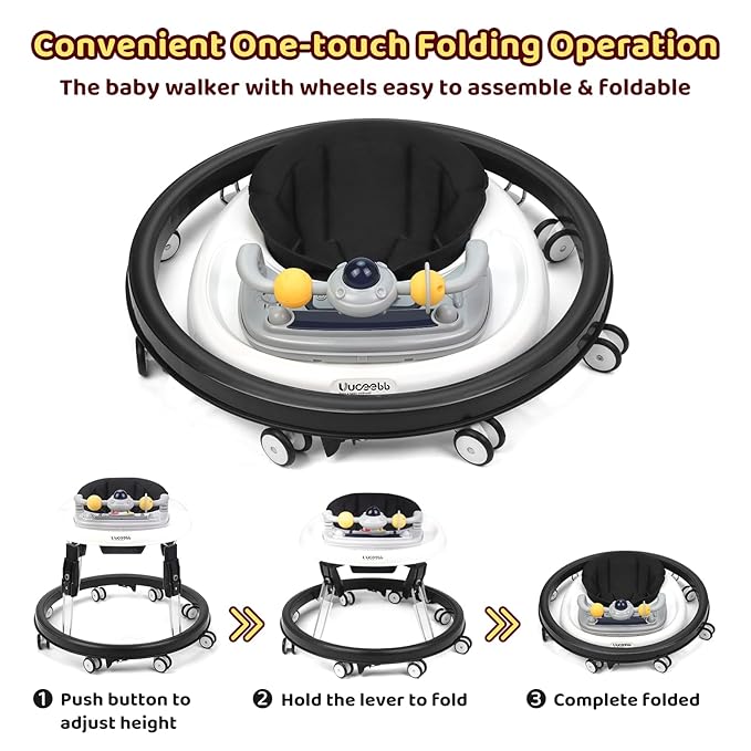 Baby Walker with Wheels,Music and Lights Baby Walker for Boys Girls 6-12 Months,Foldable Baby Walkers and Activity Center,Toddler Infant Walker with 7-Speed Height Adjustment,Detachable Plate,Black