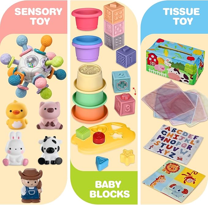 6 in 1 Baby Toys, 6-12 Months Baby Toys, 0-6 12-18 Montessori Toddler Gifts for Toddlers, Farm Animals Playset & Teething & Stacking Building Block Cup & Tissue Box & Sensory Bin for Development