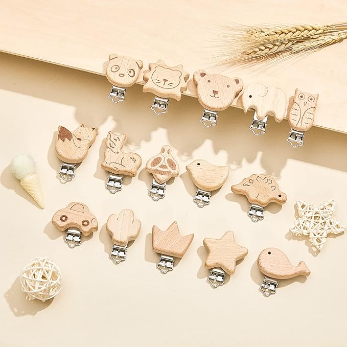 20 Pieces Wood Pacifier Clips Toy Suspender Clips Charm DIY Pacifier Holder for Baby Toddler Teething Grasping Accessory