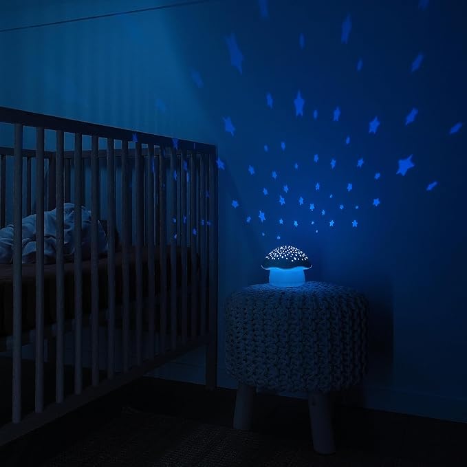 Angelcare Celeste Musical Mushroom Night Light Baby Projector - Sleep Soother with Adjustable Volume Lullabies, White Noises, 3 Night Light Colors, and Cry Sensor Detector