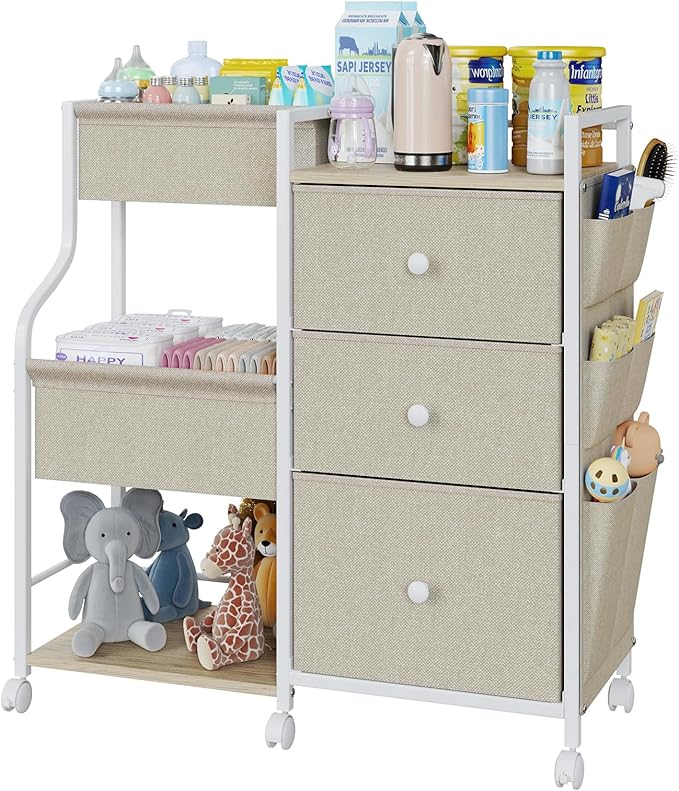 Baby Diaper Caddy, 3 Tier Baby Organizer and Storage Cart with Dividers and Drawers, Mobile Utility Rolling Cart, Newborn Baby Essentials Storage Cart with Wheels for Nursery, Bedroom, Beige