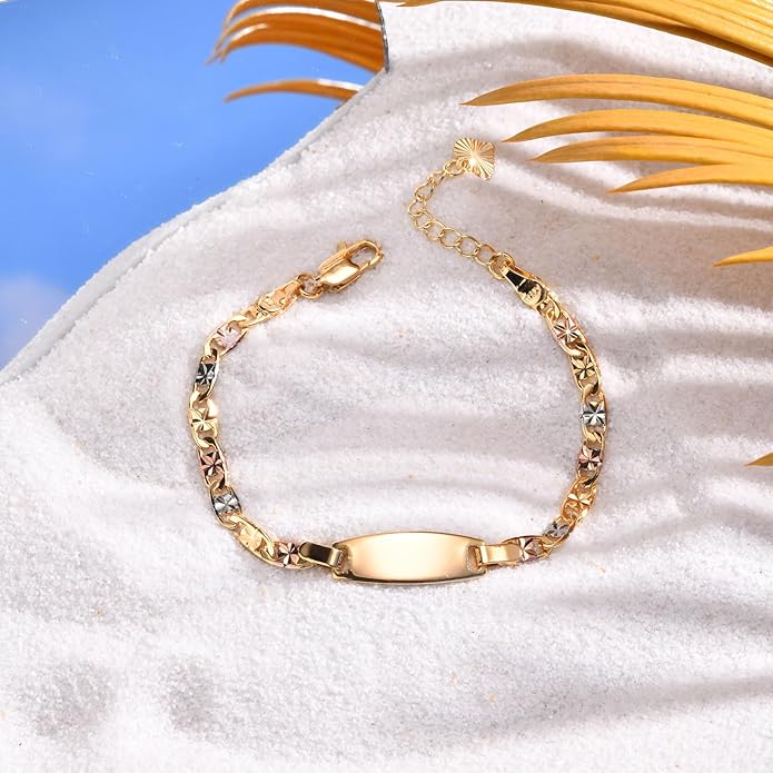 Personalized Baby ID Bracelet - 18K Gold Plated Tri-Color Chain Custom Name ID Plate Bar Bracelet for Children Toddler from Mom,Engraved Kid Name Customized Birthday,Back To School Gift for Daughter