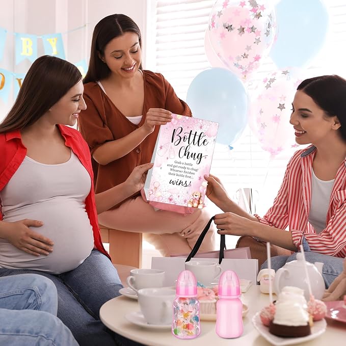 TrelaCo Bottle Chug Baby Shower Game 20 Pcs Baby Bottles Shower Favor with 1 Bear Theme Sign for Gender Reveal Party Supplies Gifts(Transparent Pink)