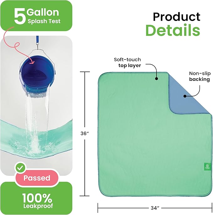 IMPROVIA® Washable Underpads, 34" x 36" (Pack of 6) - Heavy Absorbency Reusable Incontinence Pads for Kids, Adults, Elderly, and Pets - Waterproof Protective Pad for Bed, Couch, Sofa, Furniture, Floor