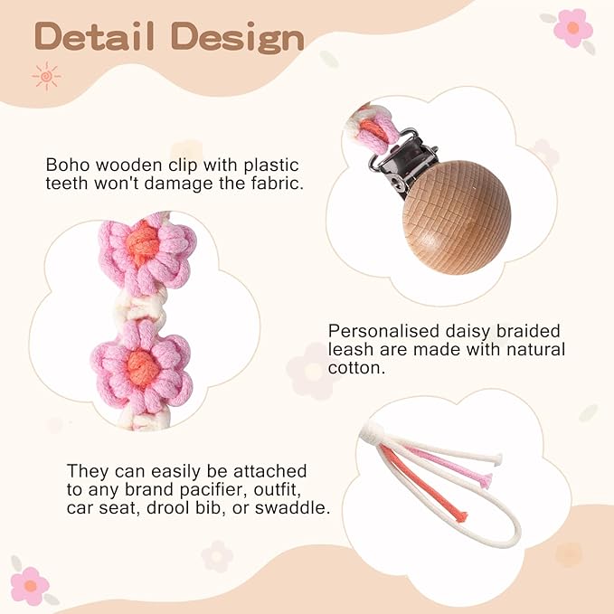 Pacifier Clips Baby Girls Floral Daisy Binky Clips Pacifier Holder Boho Wooden Clips Macrame Paci Clip Handmade Braided Cotton Pacifier Strap Pink