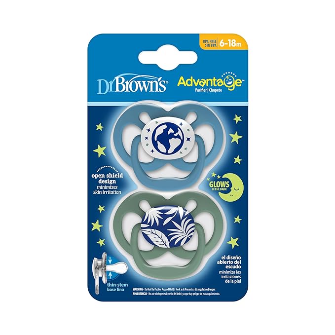 Dr. Brown's Advantage Glow-in-The-Dark Baby Pacifier, Fully Symmetrical Soother with Soft Silicone Bulb, Skateboard Snail-Blue Nature, 6-18m, BPA Free, 4 Pack