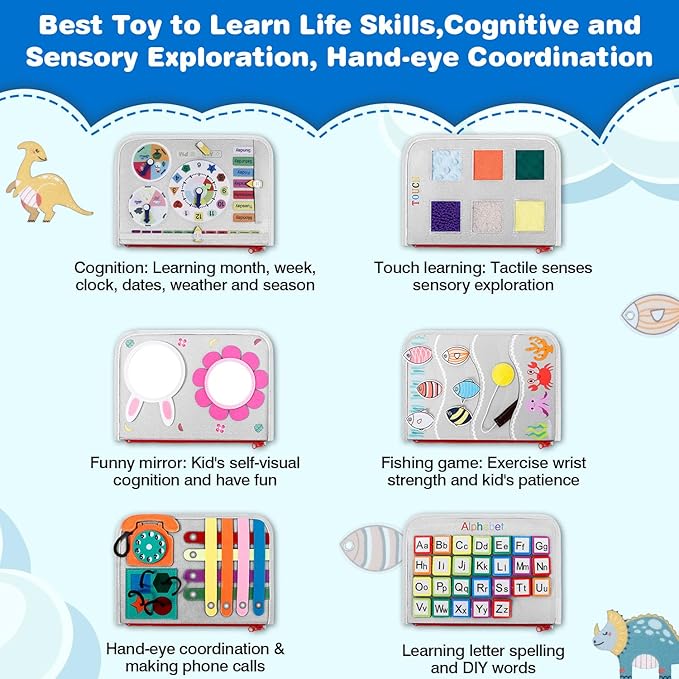 Busy Board Montessori Toys for 1 2 3 4 Year Old Boy & Girl Birthday Gifts, Autism Sensory Travel Toy for Toddlers 1-3, Educational Activity Sensory Board Learning Fine Motor Skills Toys, Gray