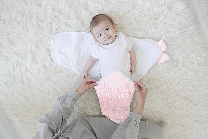 BaeBae Goods Swaddle Blankets, Set of 4, 100% Cotton, Lightweight, Breathable, Adjustable for Boys and Girls, 0-3 Months (Pink/Grey Triangles)