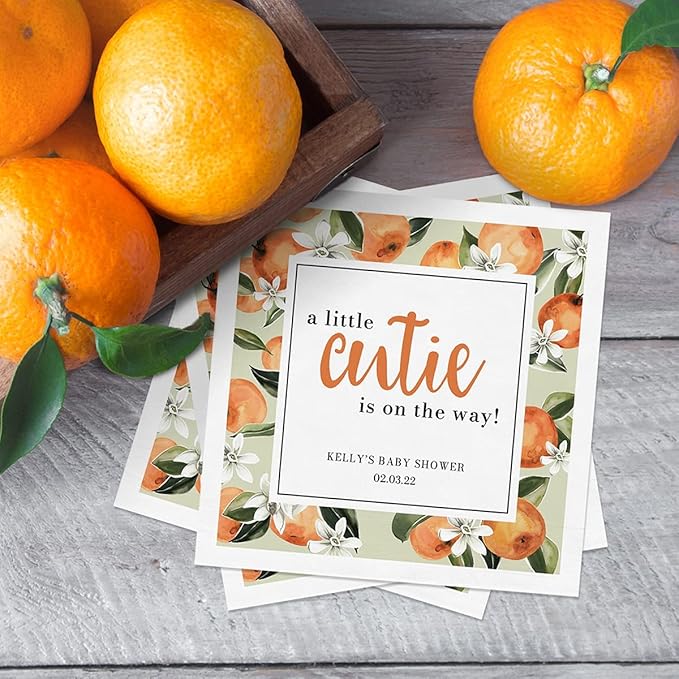 Little Cutie Personalized Baby Shower Napkins / 100 Clementine 4 3/4" x 4 3/4" Beverage Napkins/Gender Neutral Baby Citrus Party Napkins/Made In The USA
