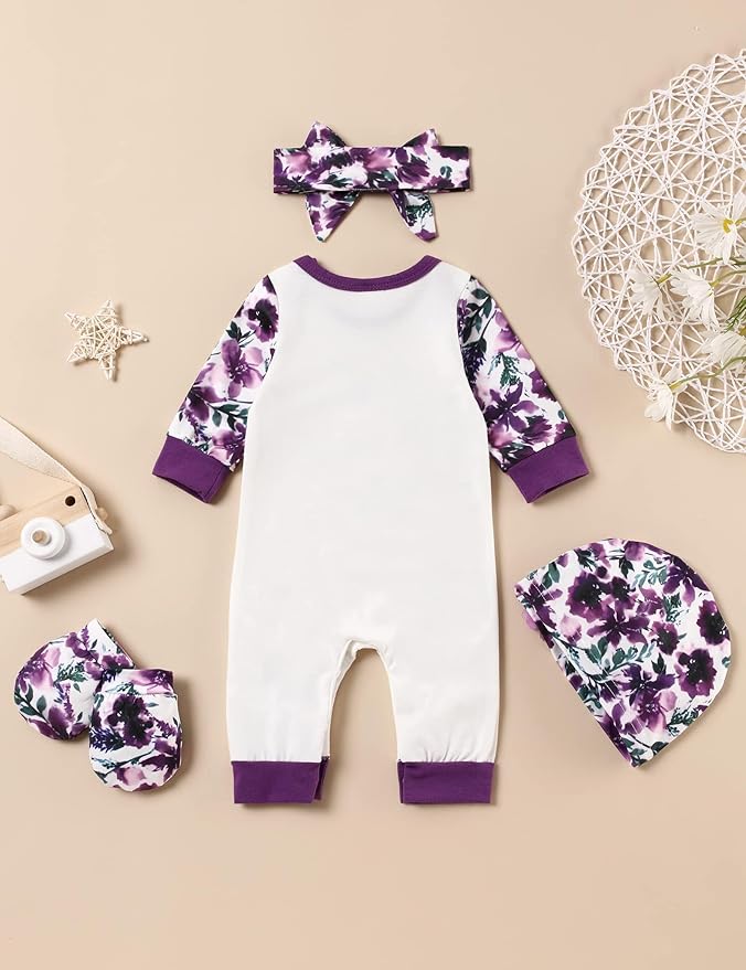 Baby Girl Clothes Patter&Letter Baby Girl Romper with Bow Hat&Headband and Gloves 4Pcs Baby Girl Coming Home Outfit