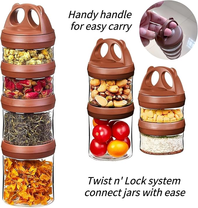 SELEWARE Portable Stackable Food Storage Containers for Snacks Formula Powder and Drinks Twist Lock System Airtight Leak-proof BPA and Phthalate Free 4 Piece Jars 31oz Brown