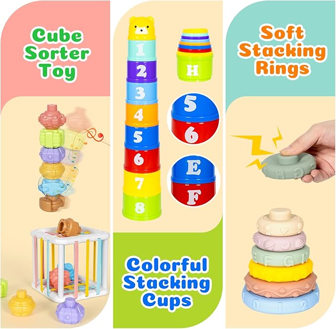 6 in 1 Montessori Toys for Babies 6–12 Months Stacking Block Soft Infant Ring Shape Learning Sensory Bin Pull String Teething Toy Tissue Box for Toddlers 1 2 3 Year Old Boy Girl Gift