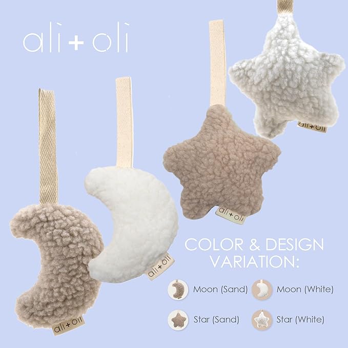 Ali+Oli Plush Pacifier Holder (Moon-White) Soft Binky Holder for Babies, Plush Holder for Pacifiers, Cute Baby Binkies Plush Holder, Pacifier Holder for Baby Boys & Girls, Baby Toy with Cute Decor