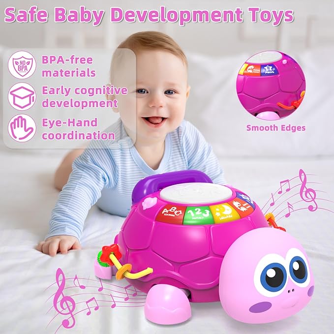 Musical Turtle Baby Toys 6-12 Months,Baby Crawling Toys for 12-18 Months,Early Learning Toy with Light&Sound,Tummy Time Toys Gifts for 3-6 4 5 7 8 9-12 18 Month Boy Girl(Pink)