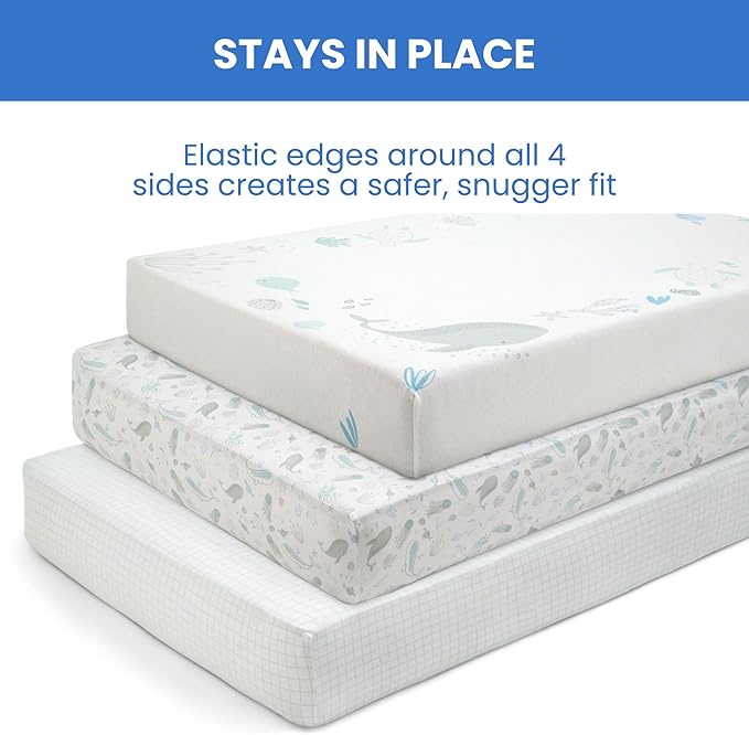 Delta Children Fitted Crib Sheets for Girls and Boys - 100% Organic Cotton Crib Sheet for Standard Crib and Toddler Mattresses - 28x52 Inch - GOTS Certified (Pack of 3), Sea Life