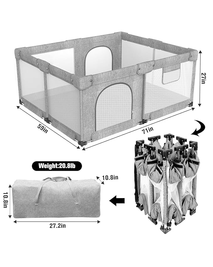 Foldable Baby Playpen with Gate, Extra Large Collapsible Play Yard for Babies & Toddlers, Portable Travel Playpen, Baby Activity Center for Indoor & Outdoor Use (Grey 59"×71")