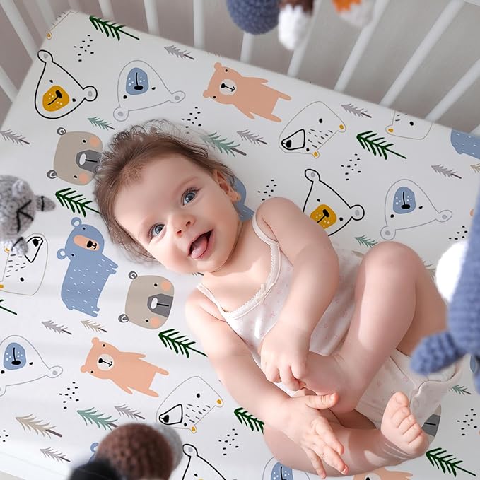 Plushii 4 Pack Fitted Crib Sheets for Baby Boys, 28"x 52" Extra Soft Microfiber Crib Sheet Set for Standard Crib & Toddler Mattress Pad, Whale & Trucks & Little Bear & Navy Blue