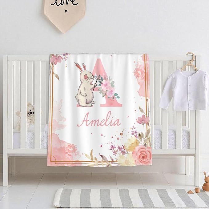 Personalized Baby Blanket with Name - Printed in USA,Custom Baby Blanket for Kids Soft Flanne Blankets in Easter Personalized Baby Gifts for Infant Newborn Shower (Pink)