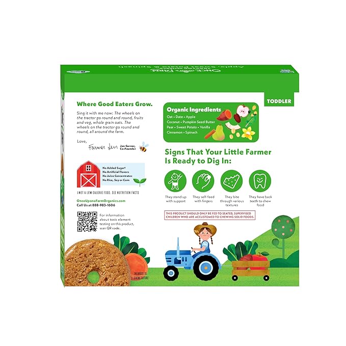 Once Upon a Farm | Organic Toddler Soft-Baked Bar Tractor Wheels | Apple, Sweet Potato & Spinach | Made with Real Fruit & Veggies | No Added Sugar | 8 Boxes