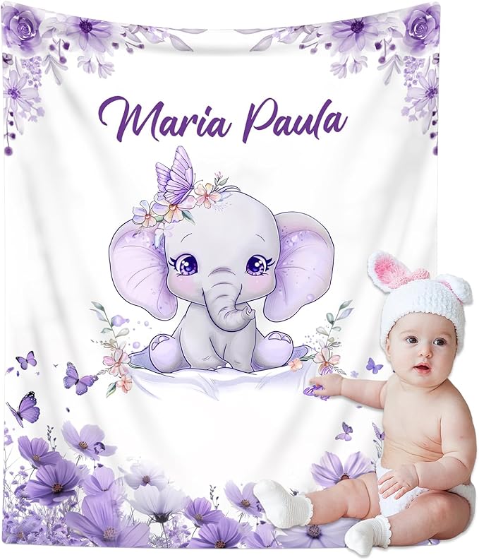 Personalized Baby Blanket with Name, Custom Baby Blanket for Kids Soft Flanne Blankets in Easter Personalized Baby Gifts for Infant Newborn Shower (Purple)