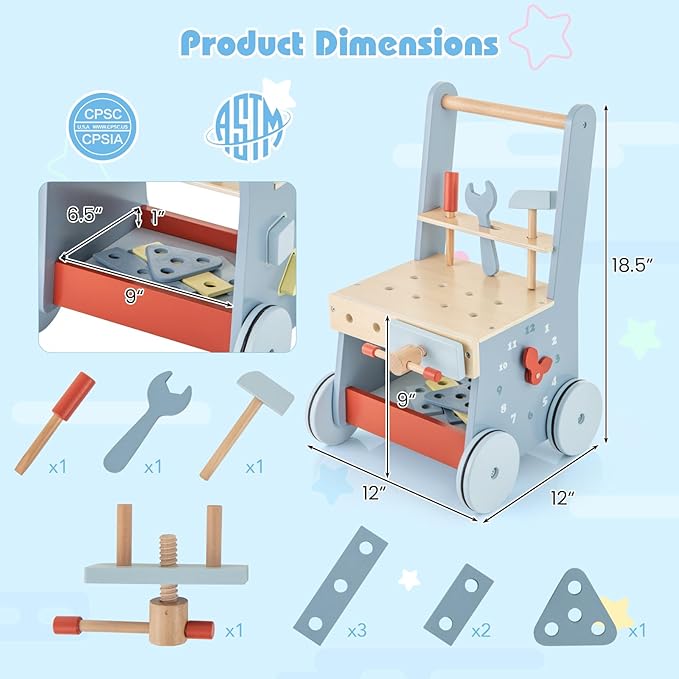 HONEY JOY Baby Push Walker, Wooden Toy Tool Bench & Activity Walker w/Shape Sorter, Develop Motor Skills & Creativity, Push Toys for Babies Learning to Walk, Gift for Boys and Girls, Blue