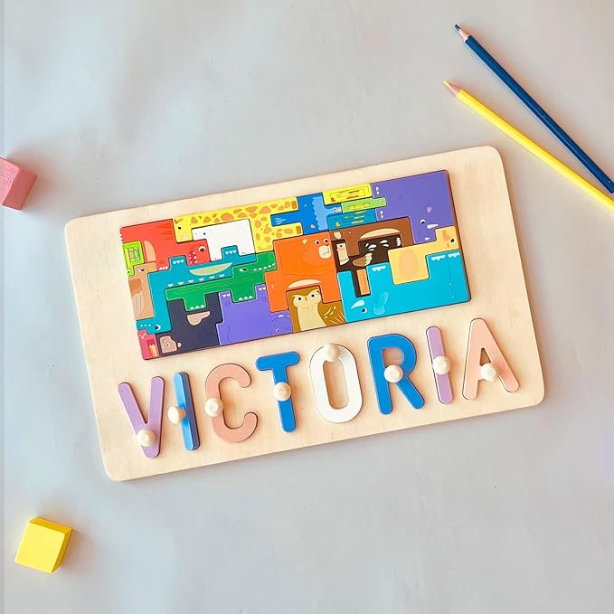 Name Puzzle for Kids Personalized, First Birthday for Baby Boy Girl, Wooden Name Puzzles for Toddlers 1-3, Educational Toys for 1 Year Old (Cute Animal)