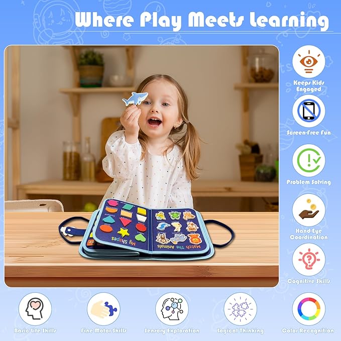 Toddler Busy Board Montessori Toys - Quiet Book for Boys Girls Toddlers Birthday Gift, Busy Book for Learning Fine Motor Skills Educational Activities, Sensory Travel Toy for Airplane & Car (Blue)
