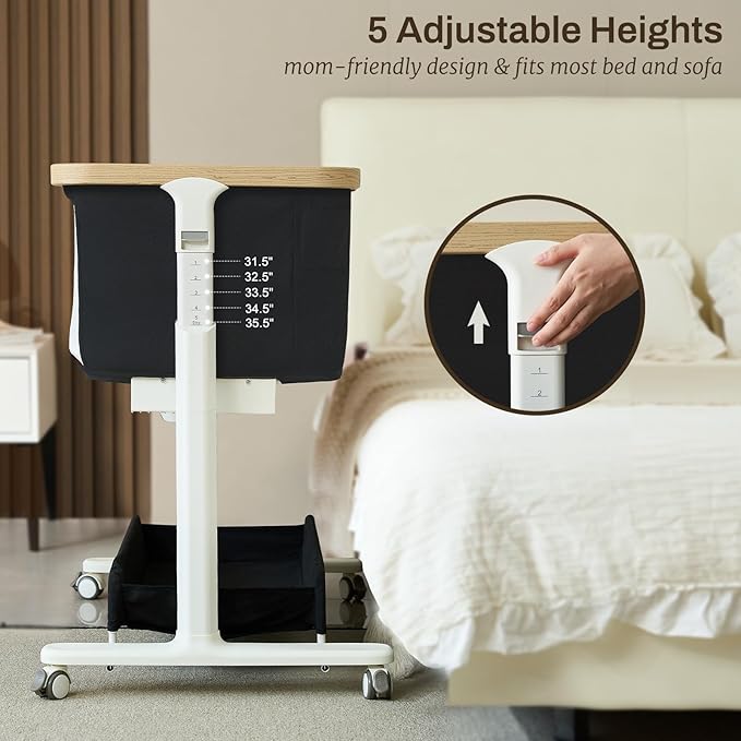 Electric Bassinet Baby Cradle 3 Rocking Motion, 3 in 1 Baby Bassinets for Newborn with 5 Heights Adjustable, Girl/boy Automatic Rolling Bedside Sleeper, Black