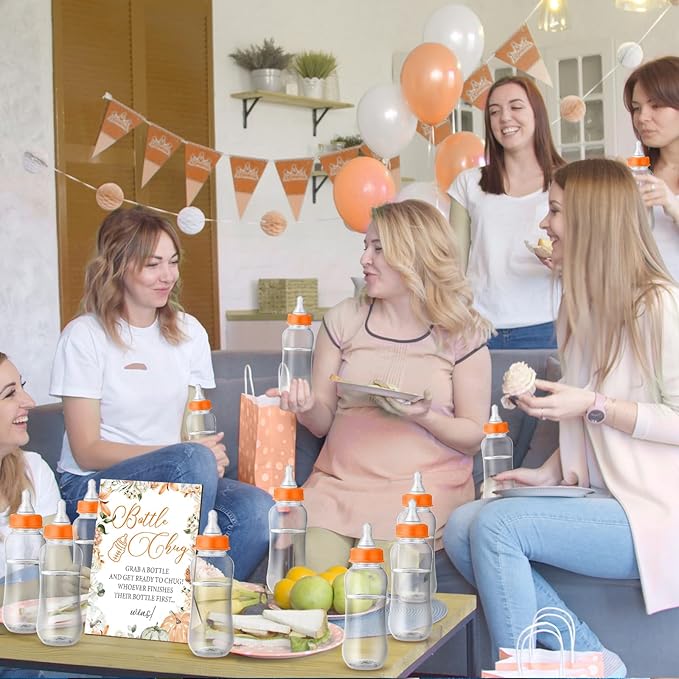 TrelaCo Little Pumpkin Cool Baby Shower Games Wooden Bottle Chug Sign Rustic Theme Baby Gift Sets and 12 Pcs Baby Bottle Shower Favor Baby Bottles for Rustic Kraft Baby Shower Games Gender Reveal