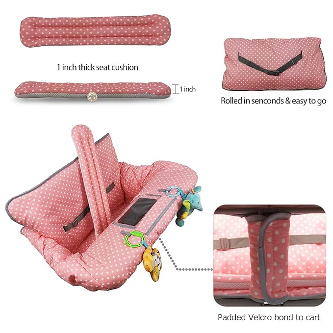 ICOPUCA Shopping Cart Cover, 2 in 1 cart Cover for Babies N high Chair Cover, Padded Grocery cart Cover for Baby Girl boy, with 1” Thick/Removable/Reversible Cushion, Pink dots;