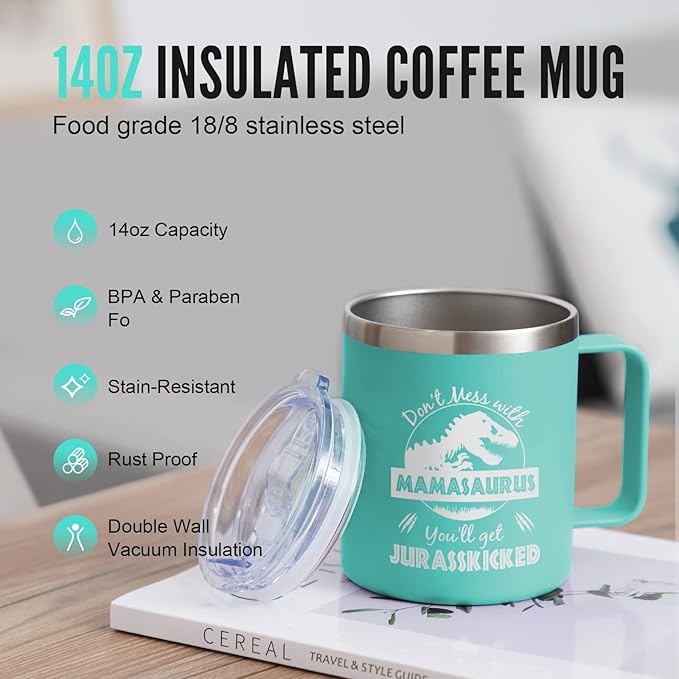 NOWWISH Mothers Day Gifts for Mom from Daughter Son, Mamasaurus Coffee Mug, Birthday Gifts for Mom Women, Mother-in-Law, 14oz Green