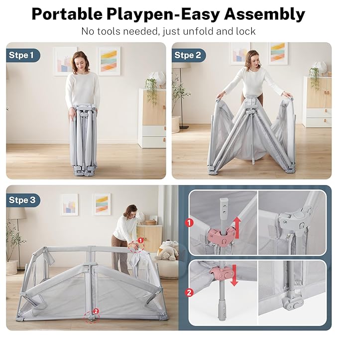 Baby Playpen Portable, Pre-Assembled Play Pen 71x79 Large Foldable Playpen for Babies and Toddlers, Sturdy and Safe Toddler Play Yard Indoor Outdoor with Carry Bag, Grey