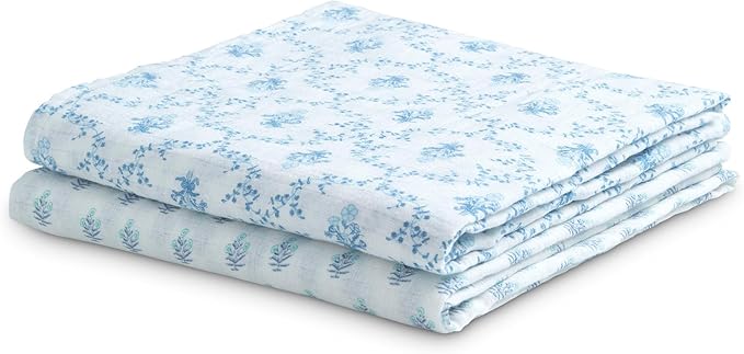 Delta Children 100% Cotton Muslin Baby Receiving Blankets for Girls and Boys – 47x47 Inches (Pack of 2), Blue Botanicals
