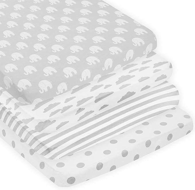 BaeBae Goods Premium Crib Sheets for Baby Boys and Girls, 3 Pack, Soft and Breathable Jersey Cotton Fitted Sheet Set, Grey and White, Cute Gender Neutral Nursery Mattress Bedding, Universal Fit