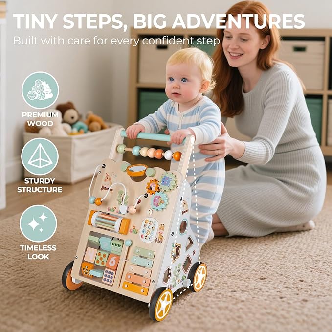 Baby Push Walker, Wooden Baby Walker for Girls Boys, Montessori Activity Center for Babies, Adjustable Speed & Height for Toddlers, Educational Push Toy for Kids Development