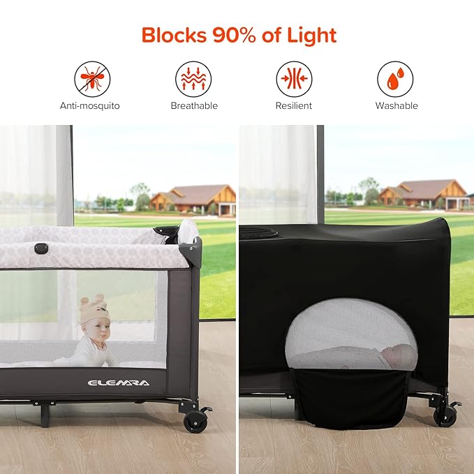 ELEMARA 50" Babies Bassinet Bedside Crib with Diaper Changer,Pack and Play with Mattress and Blackout Cover for Baby,4 in 1 Playpen Travel Bed with Storage,Playard with Adjustable Height